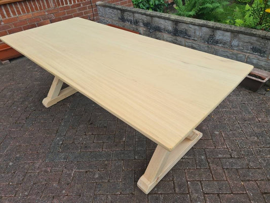 Solid Handcrafted Wooden Dining Table Made From Kiln African Obeche And Redwood Pine 7FT made to order custom lengths bespoke.